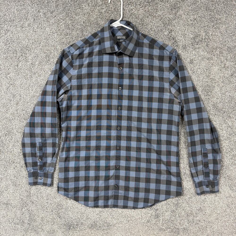 Kenneth Cole Reaction Dress Shirt 15.5 32/33 Blue Check Slim Fit Business Casual